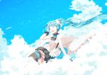  1girl 7th_dragon_(series) 7th_dragon_2020 aqua_hair closed_eyes clouds floating_hair hand_on_headphones hatsune_miku headphones highres long_hair open_mouth skirt sky solo thigh-highs twintails very_long_hair vocaloid 