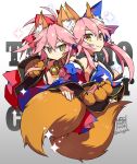  2girls animal_ears bell bell_collar caster_(fate/extra) collar detached_sleeves fate/grand_order fate_(series) fox_ears fox_tail gloves japanese_clothes kimono multiple_girls paw_gloves pink_hair ponytail smile sparkle tail tamamo_cat_(fate/grand_order) two_side_up ulogbe upper_body yellow_eyes 