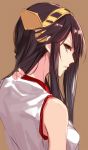  1girl aosaki_yukina black_hair brown_background brown_eyes haruna_(kantai_collection) headgear kantai_collection long_hair looking_at_viewer nontraditional_miko parted_lips simple_background sleeveless solo 