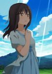  1girl black_hair blue_dress blush brown_eyes clouds collarbone dacchi dress hand_on_own_chest highres hill ichijou_hotaru light_rays long_hair meadow non_non_biyori outdoors parted_lips short_sleeves solo tree 