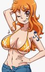  1girl arm_behind_head bikini breasts brown_eyes earrings grin groin hand_on_hip jewelry large_breasts midriff nami_(one_piece) navel one_eye_closed one_piece orange_hair scott_bennett signature smile solo swimsuit tattoo unbuttoned upper_body 