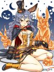  1girl abo_(hechouchou) animal_ears black_gloves boots breasts cape cleavage ferri_(granblue_fantasy) gloves granblue_fantasy grey_hair halloween hat highres jack-o&#039;-lantern lavender_hair looking_at_viewer rabbit_ears red_eyes shirt skirt solo tongue tongue_out top_hat whip 