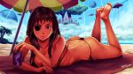  1girl ass bandages barefoot beach_umbrella bikini black_hair breasts brown_eyes cleavage commentary eyepatch feet highres large_breasts legs_up looking_at_viewer lying mole mole_under_eye on_stomach original ryu_shou side-tie_bikini soles solo swimsuit the_pose thong 