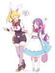  2girls ? alice_in_wonderland animal_ears ayase_eli blonde_hair drooling fake_animal_ears holding_hands long_hair looking_at_another love_live!_school_idol_project moorina multiple_girls ponytail purple_hair rabbit_ears smile speech_bubble toujou_nozomi twintails yuri 