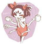  1girl :3 :d amazakura black_eyes black_hair blush bow character_name cheek_press cup doughnut drink extra_arms extra_eyes fangs food hair_bow hand_on_own_face heart holding holding_cup holding_food insect_girl muffet open_mouth puffy_short_sleeves puffy_sleeves red_bow short_hair short_sleeves silk simple_background smile solo spider_girl spider_web teacup text two_side_up undertale unitard white_background 