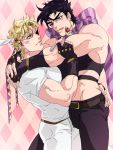 2boys black_hair blonde_hair bow caesar_anthonio_zeppeli fingerless_gloves food gloves jojo_no_kimyou_na_bouken joseph_joestar_(young) less_end licking_lips midriff multiple_boys scarf scarf_bow spoon tongue tongue_out 