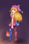  1girl :3 absurdres american_flag_dress american_flag_legwear bad_anatomy bare_arms blonde_hair blush breasts clownpiece flame from_behind hat highres jester_cap legs long_hair pantyhose red_eyes shou_(ahiru_shinobu) smile solo torch touhou 