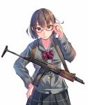  1girl adjusting_glasses ao-46 brown_hair daito glasses gun hand_on_hip original pdw ribbon school_uniform short_hair sling weapon 