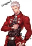  1boy archer dark_skin fate/stay_night fate_(series) grey_eyes jacket kassa_jun red_jacket solo white_hair 