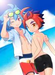  2boys ass blue_hair blue_sky clouds dutch_angle eyebrows forked_eyebrows future_card_buddyfight horizon looking_at_viewer male_focus mikado_gaou multicolored_hair multiple_boys one_eye_closed open_mouth outdoors popsicle purple_hair red_eyes redhead ryuuenji_tasuku sky sunglasses thigh_gap tooru two-tone_hair water yellow_eyes 