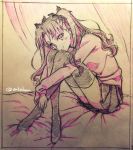  1girl bed colored_pencil_(medium) fate/stay_night fate_(series) no_shoes sitting solo takeluuu thigh-highs toosaka_rin traditional_media two_side_up 