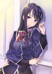  1girl against_wall bangs black_hair bow hand_up long_hair long_sleeves looking_at_viewer looking_to_the_side matsuryuu original parted_lips school_uniform shiny shiny_hair skirt solo sunlight sunset very_long_hair violet_eyes 