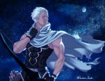  1boy archer arrow bare_shoulders bow_(weapon) fate/stay_night fate_(series) fingerless_gloves gibbous_moon gloves grey_eyes kassa_jun moon night one_eye_closed quiver scarf sky solo star_(sky) starry_sky weapon white_hair 