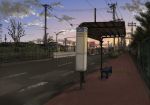  artist_request bench bus_stop chain-link_fence clouds fence highres no_humans original road scenery sidewalk street utility_pole_(object) winter 