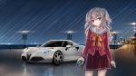  1girl alfa_romeo blue_eyes car charlotte_(anime) digital_media_player highres kietai_na long_hair motor_vehicle racecar school_uniform sett silver_hair solo tagme tomori_nao vehicle 