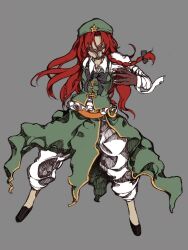  1girl bandaged_arm bandages belt black_bow black_bowtie black_footwear bolos bow bowtie braid chinese_clothes claws collared_shirt commentary fighting_stance floating_hair frilled_shirt frills full_body green_hat green_skirt green_vest grey_background hair_bow hat hat_ornament hong_meiling long_hair long_skirt monsterification o-ring orange_belt pants pants_under_skirt parted_bangs puffy_pants puffy_short_sleeves puffy_sleeves redhead shirt shoes short_sleeves simple_background single_braid skirt solo standing star_(symbol) star_hat_ornament tachi-e touhou very_long_hair vest white_pants white_shirt 