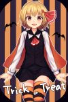  1girl bat blonde_hair blush cape dress_shirt fang hair_ribbon halloween highres long_sleeves looking_at_viewer open_mouth red_eyes ribbon rumia shirt shone short_hair skirt smile solo striped striped_legwear thigh-highs touhou trick_or_treat vest zettai_ryouiki 