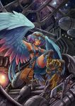  1girl 2015 aqua_eyes blue_hair blue_wings breasts feathered_wings full_body goggles goggles_on_head gradient_hair harpy maxa&#039; mechanic monster_girl multicolored_hair original purple_hair signature solo suspenders tail_feathers talons wings 