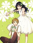  1boy 1girl black_hair brown_eyes brown_hair closed_eyes dress kitashirakawa_tamako long_hair momose_(oqo) ooji_mochizou open_mouth petals suspenders tamako_market wreath 