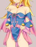  1girl bare_shoulders blonde_hair blush breasts cleavage close-up collarbone dark_magician_girl gauntlets highres jewelry long_hair necklace open_mouth shirt skirt skirt_lift solo strapless yuu-gi-ou zuttokodomo 