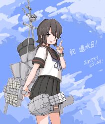  1girl aji_(ajinohirakisan) black_hair black_sailor_collar black_skirt blue_neckerchief blue_sky clouds commentary_request day hair_between_eyes holding index_finger_raised kantai_collection looking_at_viewer miyuki_(kancolle) miyuki_kai_ni_(kancolle) neckerchief nose open_mouth pleated_skirt rigging sailor_collar school_uniform serafuku short_hair short_sleeves skirt sky solo 