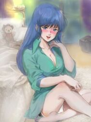  1girl bed blue_eyes blue_hair blush bottomless choujikuu_yousai_macross commentary_request doll holding holding_own_hair long_hair looking_at_viewer lying lynn_minmay macross macross:_do_you_remember_love? panties roki-soku sitting smile underwear 