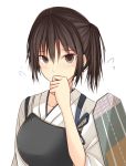  1girl blush brown_eyes brown_hair covering_mouth flying_sweatdrops japanese_clothes kaga_(kantai_collection) kanpyo_(hghgkenfany) kantai_collection looking_at_viewer muneate short_hair side_ponytail solo upper_body white_background 