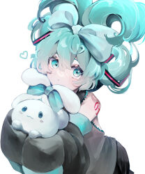  1girl :3 amanomiya_megu aqua_bow aqua_eyes aqua_hair black_eyes black_pants black_shirt black_sleeves blush bow cinnamiku cinnamoroll creature crossed_bangs detached_sleeves expressionless folded_twintails frilled_shirt frills hair_between_eyes hair_bow hands_up hatsune_miku heart highres holding holding_creature leaning_forward looking_at_viewer number_tattoo outstretched_arms pants sanrio shirt sidelocks sleeveless sleeveless_shirt sleeves_past_fingers sleeves_past_wrists tattoo tied_ears updo upper_body vocaloid 