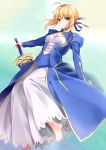  1girl ahoge avalon_(fate/stay_night) barefoot blonde_hair blue_dress dress excalibur fate/stay_night fate_(series) green_eyes ha84no highres saber sheath sheathed solo 