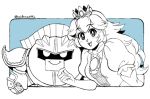  1girl 1other adult alfonzoirl bangs blue_background crown elbow_gloves eyebrows_visible_through_hair gloves greyscale hal_laboratory_inc. hoshi_no_kirby kirby_(series) kirby_(specie) looking_at_viewer super_mario_bros. mask meta_knight monochrome nintendo nintendo_ead open_mouth pauldrons princess princess_peach puffy_short_sleeves puffy_sleeves short_sleeves simple_background smile sora_(company) super_smash_bros. super_smash_bros_brawl twitter_username upper_body 