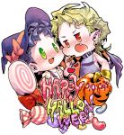  2boys bat_wings birthmark blonde_hair blue_hair bow candy cookie dio_brando earrings fang food green_eyes happy_halloween hat horns jelly_bean jewelry jojo_no_kimyou_na_bouken jonathan_joestar lollipop lowres male_focus multiple_boys nakachi_(kota69) open_mouth orange_eyes pumpkin smile wings wizard_hat wrist_cuffs 