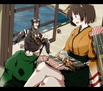  any_(lucky_denver_mint) black_hair brown_hair fairy_(kantai_collection) goggles_on_hat hiryuu_(kantai_collection) kantai_collection open_mouth short_hair sitting sitting_on_head sitting_on_person souryuu_(kantai_collection) twintails water white_hair window 