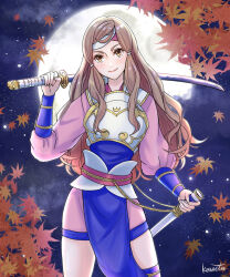  1girl armor brown_eyes brown_hair dual_wielding fire_emblem fire_emblem_fates hana_(fire_emblem) headband highres holding holding_sword holding_weapon japanese_armor japanese_clothes katana kousetu0506 long_hair looking_at_viewer samurai solo sword weapon 