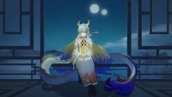  1girl arknights bare_shoulders blonde_hair colored_extremities commentary dragon_girl dragon_horns dragon_tail earrings full_body full_moon grey_eyes grey_hair hair_between_eyes hair_intakes highres holding holding_plant horns jacket jewelry long_hair long_sleeves moon multicolored_hair multiple_moons necklace night off_shoulder own_hands_together pants plant pointy_ears purple_hair puxiabcde_(zhu_mu_zhi) shu_(arknights) sitting solo strapless symbol-only_commentary tail tree tube_top very_long_hair wheat white_jacket white_pants white_tube_top 