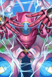  1girl amphimon armor bakeneko38 blue_background cowboy_shot digimon digimon_(creature) diving_suit electricity highres pink_arm_warmers power_armor solo 