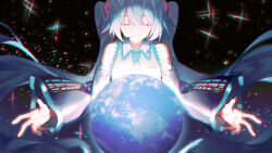  1girl blue_hair chinese_commentary closed_eyes collared_shirt commentary_request detached_sleeves earth_(planet) hatsune_miku headset highres key_asan long_hair nail_polish necktie planet shirt sky sleeveless sleeveless_shirt solo space star_(sky) starry_sky twintails very_long_hair vocaloid 