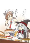  2girls bare_shoulders basket blue_eyes bread brown_eyes brown_hair cake commentary_request eating food food_on_face hammer_and_sickle hat hibiki_(kantai_collection) kantai_collection littorio_(kantai_collection) makishima_azusa multiple_girls open_mouth star translation_request verniy_(kantai_collection) white_hair witch_hat 
