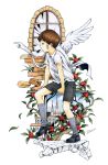  1boy angel_wings artist_name bandaid blue_sky brick_wall brown_hair building clouds highres male_focus marker_(medium) millipen_(medium) noeyebrow_(mauve) original running_bond short_hair shorts sitting sky solo traditional_media white_background window wings 