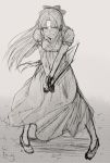  1girl aino_minako bangs bishoujo_senshi_sailor_moon clenched_teeth crescent dress facial_mark forehead_mark full_body holding long_hair monochrome parted_bangs short_sleeves sketch solo sword tears tsubobot v_arms weapon 