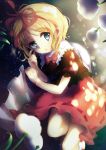  1girl blonde_hair blue_eyes blush bow flower hadurin_(zdmzy) hair_bow hair_ribbon hairband highres lily_of_the_valley looking_at_viewer lying medicine_melancholy on_side partially_submerged red_skirt ribbon ribbon-trimmed_skirt short_hair short_sleeves skirt solo tears touhou water 