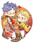  2boys blonde_hair blue_hair bowtie character_name cherry chibi chocolate cupcake dio_brando fang food fruit green_eyes heart jojo_no_kimyou_na_bouken jonathan_joestar leaning male_focus multiple_boys nakachi_(kota69) open_mouth orange_eyes sitting sweater_vest valentine 