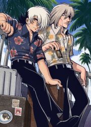  2boys against_railing belt black_footwear black_hair black_jack_(character) black_jack_(series) black_pants black_socks blue_eyes blue_sky can canned_coffee cigarette closed_mouth clouds collarbone drink_can eyepatch fence floral_print frown grey_hair hawaiian_shirt kiriko_(black_jack) long_hair male_focus mullet multicolored_hair multiple_boys oldkin palm_leaf palm_tree pants pinoko railing red_eyes rolling_suitcase scar shirt sideburns sky smoking socks sticker stitched_arm stitched_face stitches suitcase tree two-tone_hair white_hair white_shirt 