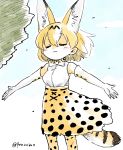  1girl animal_ears artist_name bare_shoulders blonde_hair bow bowtie commentary dress elbow_gloves extra_ears gloves hair_between_eyes highres kemono_friends outstretched_arms panzuban print_gloves print_neckwear print_skirt serval_(kemono_friends) serval_ears serval_print serval_tail shirt short_hair skirt sleeveless sleeveless_dress solo spread_arms tail twitter_username white_shirt wind 