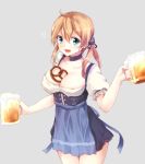  1girl anchor_hair_ornament apron beer_mug between_breasts blonde_hair breasts choker cleavage collarbone dirndl fuuen_(akagaminanoka) german_clothes hair_ornament highres kantai_collection large_breasts open_mouth pretzel prinz_eugen_(kantai_collection) puffy_short_sleeves puffy_sleeves short_sleeves smile solo twintails waist_apron 