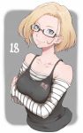  1girl android_18 blonde_hair blue_eyes breast_hold dragon_ball earrings glasses ina_(gokihoihoi) jewelry long_sleeves looking_at_viewer semi-rimless_glasses short_hair smile solo striped upper_body 