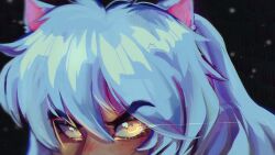  1boy androgynous animal_ears astronym close-up commentary dog_boy dog_ears english_commentary eye_focus glowing glowing_eyes highres inuyasha inuyasha_(character) long_hair looking_at_viewer male_focus solo white_hair yellow_eyes 