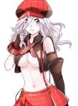  1girl alisa_ilinichina_amiella black_gloves black_legwear blue_eyes blush breasts fingerless_gloves gloves god_eater hat highres large_breasts long_hair looking_at_viewer pleated_skirt silver_hair simple_background skirt smile solo thigh-highs under_boob 