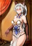  1girl animal_ears armor armpits bare_shoulders black_panties blush braid breasts brown_gloves cat_ears cleavage gloves granblue_fantasy hairband heles itadaku large_breasts long_hair orange_eyes panties silver_hair single_braid solo underwear 