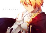  1boy armor blonde_hair braid cape fate/strange_fake fate_(series) heru_(goldprin) multicolored_hair red_eyes redhead saber_(fate/strange_fake) solo two-tone_hair 