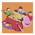  baseball_bat basket black_hair blanket bowl_cut brothers cat cellphone chin_stroking choromatsu dirty_clothes esper_nyanko food fruit ichimatsu jyushimatsu karamatsu kotatsu lying mandarin_orange manga_(object) mirror on_stomach orange_background osomatsu-kun osomatsu-san osomatsu_(osomatsu-kun) outside_border phone sextuplets shorts siblings simple_background sitting smartphone table todomatsu yunomi 